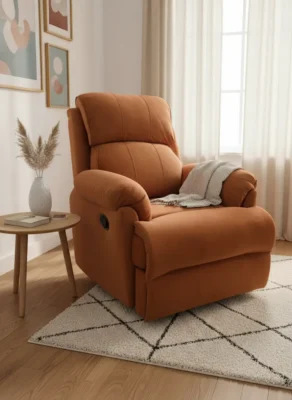 Fabric Recliner 1 Seater Sofa Chair | Hush Puffy Rocking & Revolving Manual Recliner Sofa for Head Support and Leg Relaxation Brown