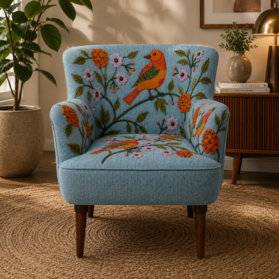 Blue Bird Embroidered Accent Chair