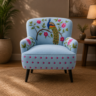 Peacock Blue Embroidered Accent Chair