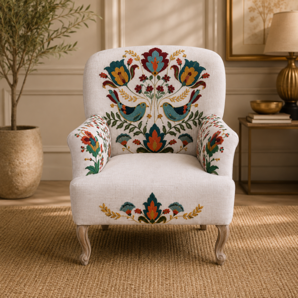 White Floral Embroidered Accent Chair