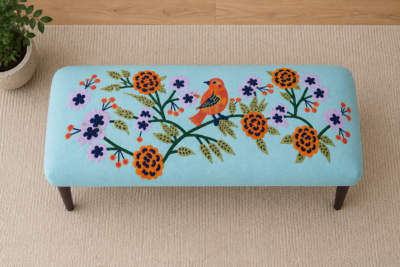 Blue Floral Embroidered Bench